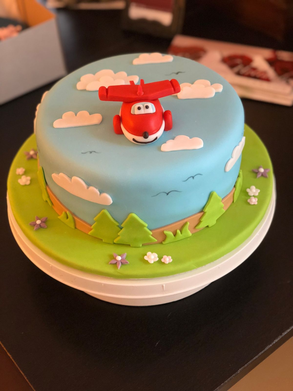Kindergeburtstagstorte mit rotem Flugzeugmotiv auf blauem Himmel, Wolken und grüner Landschaft