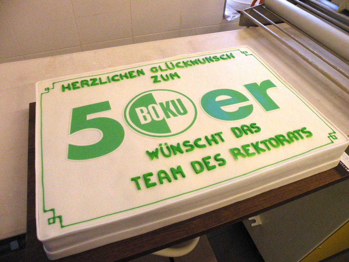 Rechteckige Jubiläumstorte mit weißem Fondant, grünem BOKU-Logo und Gratulationstext zum 50. Jubiläum