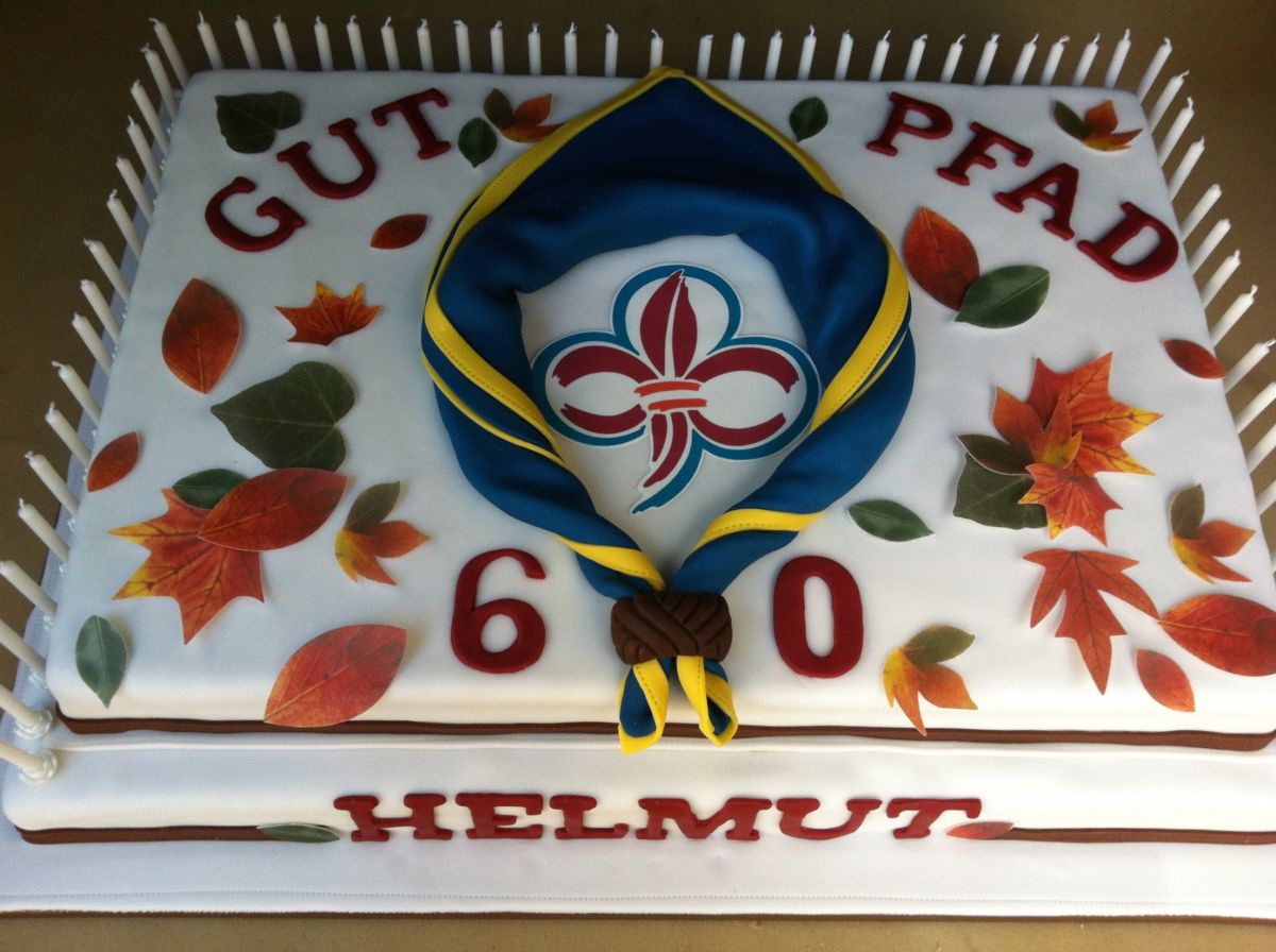 Square birthday cake for age 60 with autumn leaves and hiking emblem