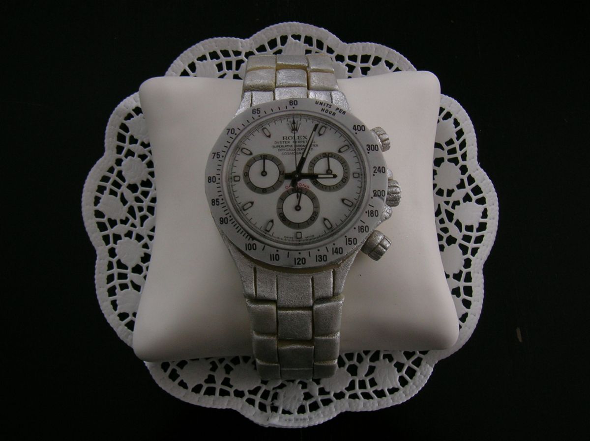 Chronograph wristwatch on white lace doily with multiple subdials