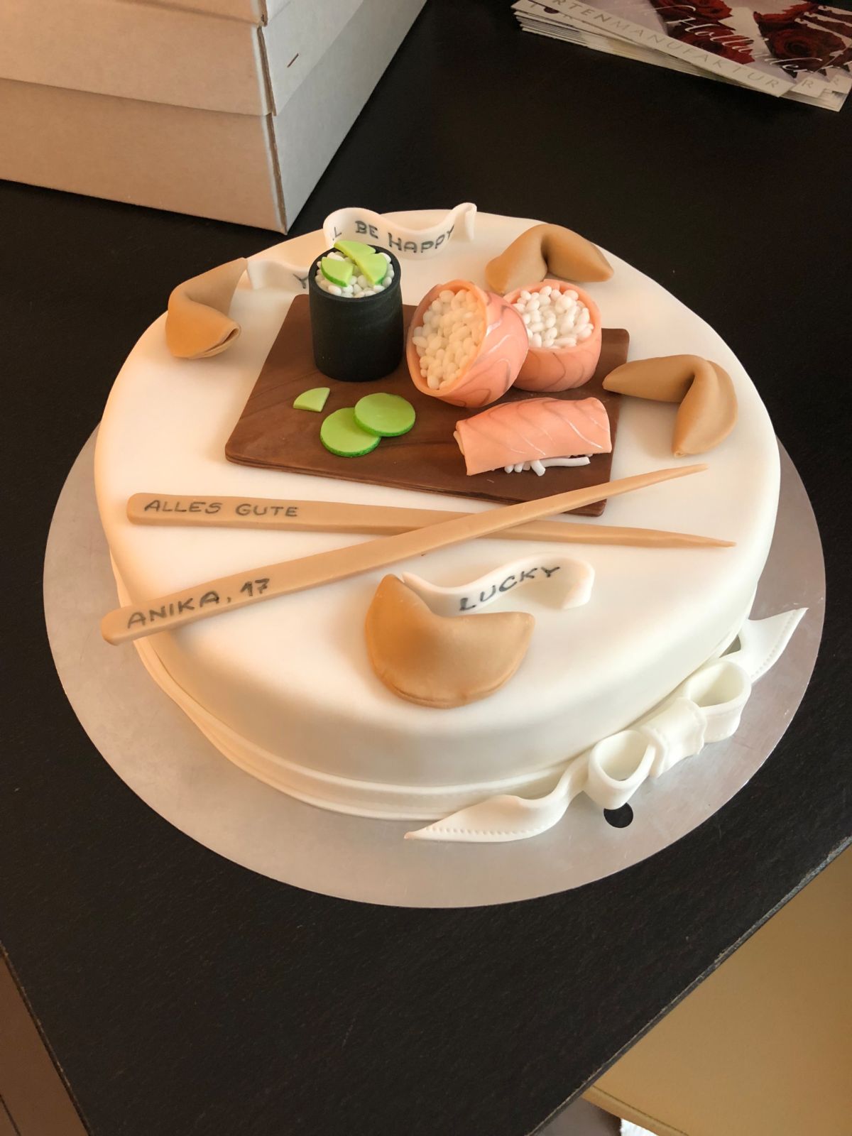 Sushi cake with modelled fondant chopsticks and sushi pieces