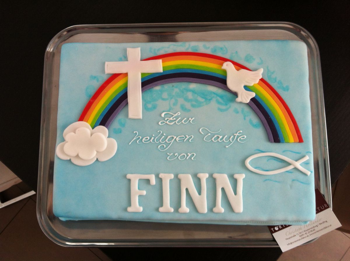 Rectangular blue christening cake with rainbow, cross and dove